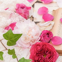 白いレースに散らばる薔薇と花びら、ウェディング装飾の写真