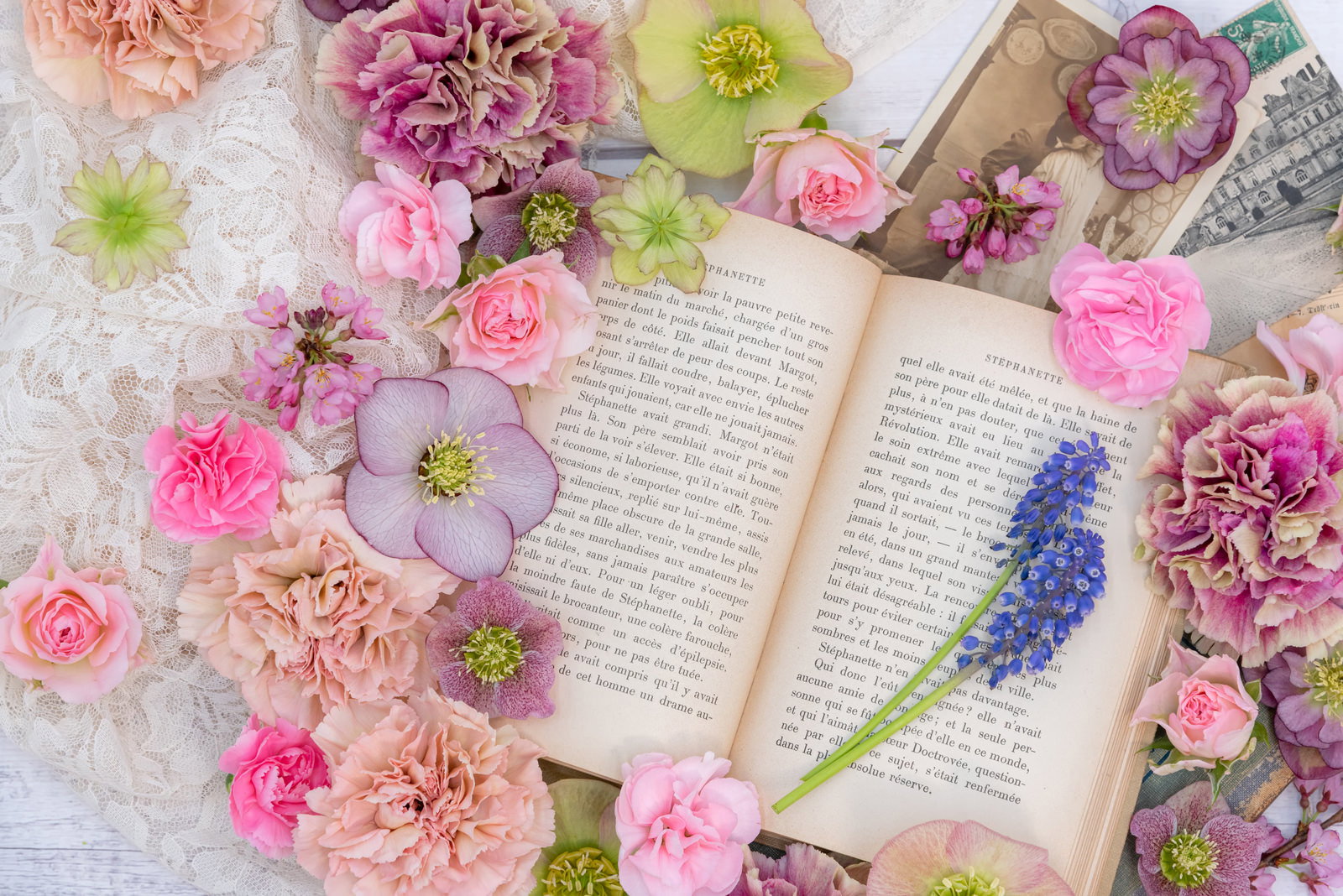 春の花に囲まれた洋書のフラットレイ