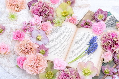 ピンクとパープルの生花に包まれた開かれた洋書