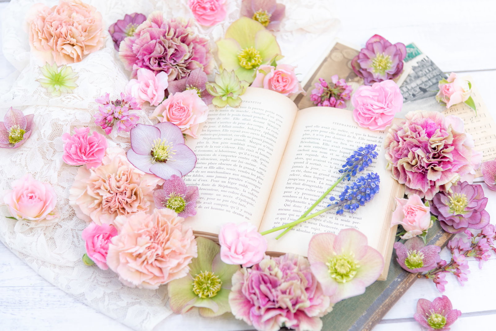 開かれた洋書の周りにピンクや紫の生花が散りばめられた写真