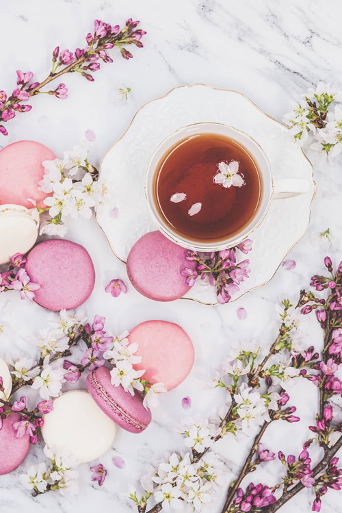 ピンクのマカロンと桜の花弁が浮かぶティータイム