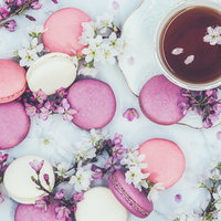 ピンクと白のマカロンとコーヒーカップ、花のテーブルコーディネートの写真