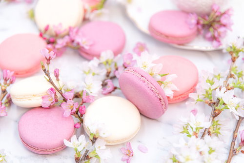 桜の枝に添えたピンクと白のマカロン、春のスイーツ