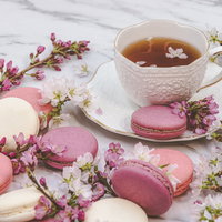春の桜とマカロン、紅茶のティータイムセットの写真