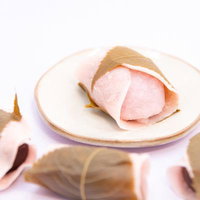 関東風と関西風の桜もち食べ比べ、白い皿に盛り付けの写真
