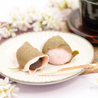 桜の花とさくらもち、緑茶でおもてなしする和菓子の時間の写真