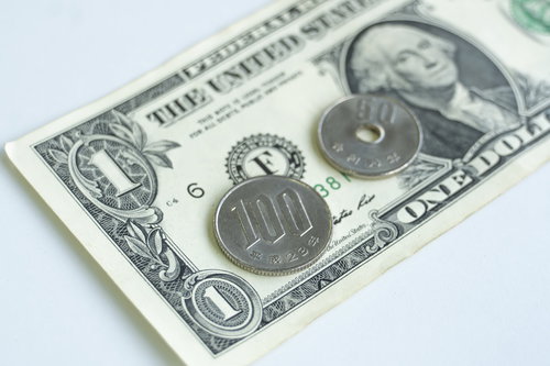 1ドル150円の為替相場を示すドル札とコイン