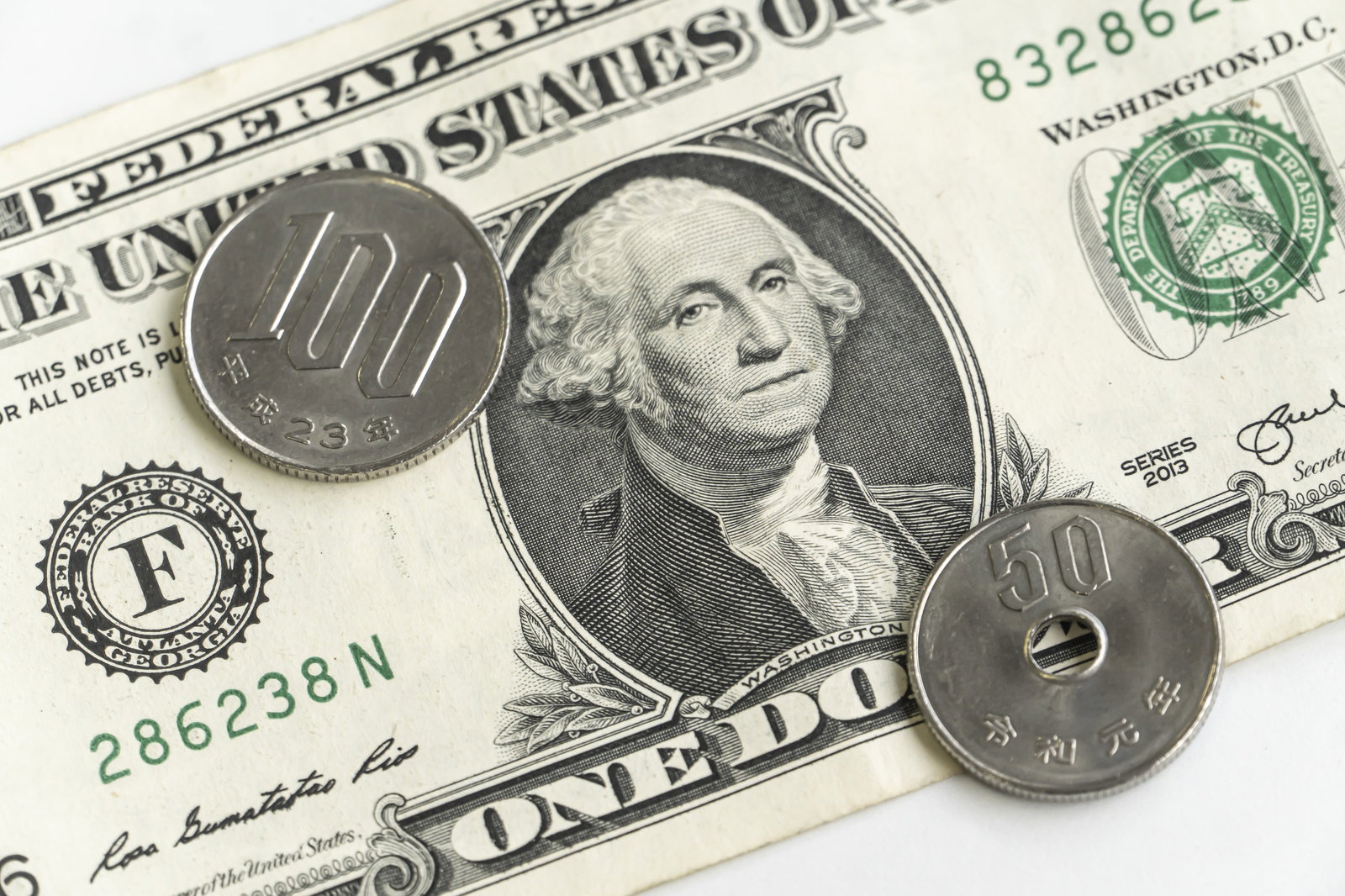 1ドル紙幣とコインが並んだアメリカの通貨