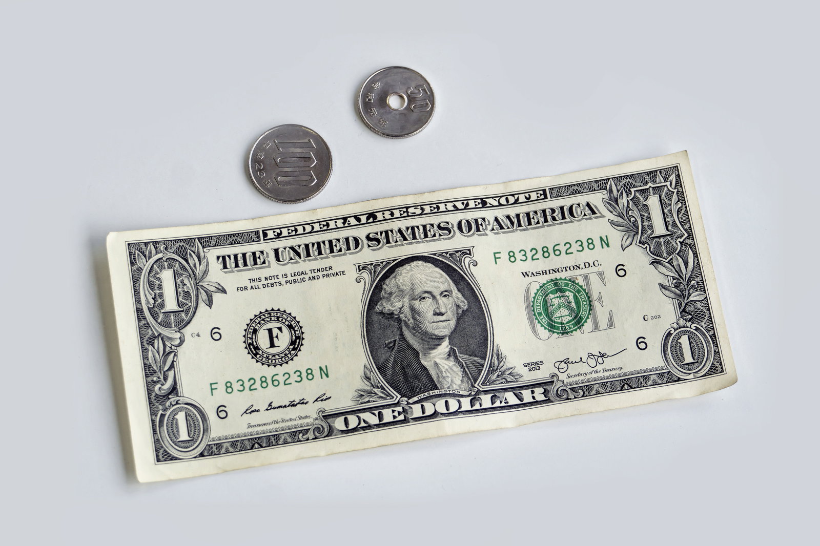 1ドル紙幣と10円・50円硬貨