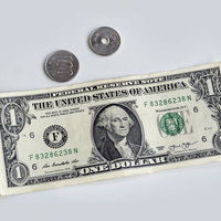 150円玉と1ドル紙幣を並べた円安・為替の比較の写真