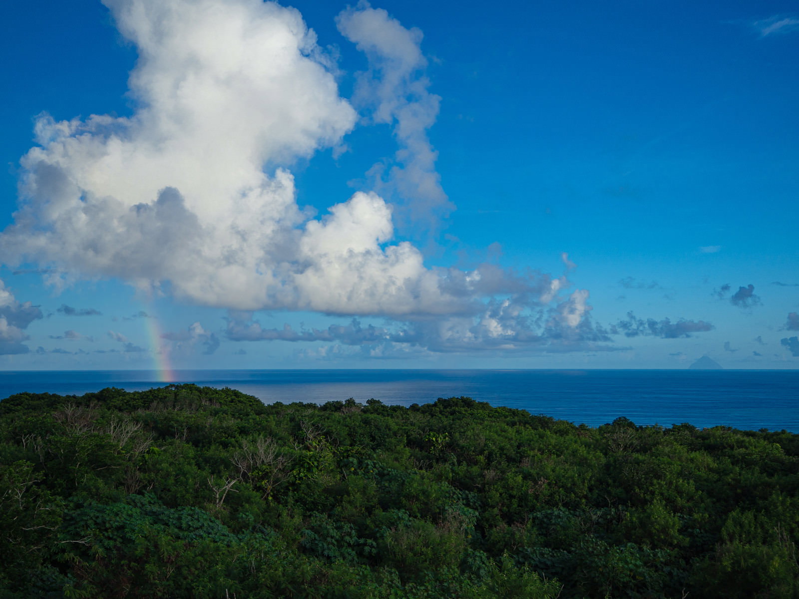 青い海と空に虹が架かり、遠くに緑豊かな南硫黄島が霞んで見える風景