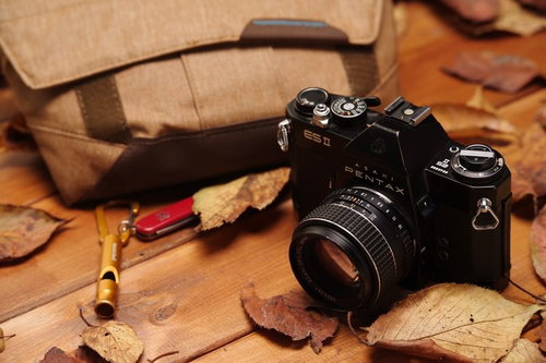 秋の落葉に置かれたアサヒペンタックスESⅡ