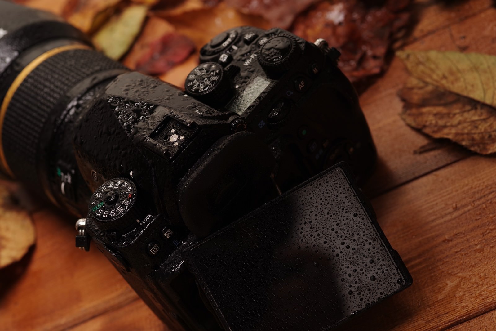 水滴の付いたPENTAX K-1 MarkⅡと落ち葉