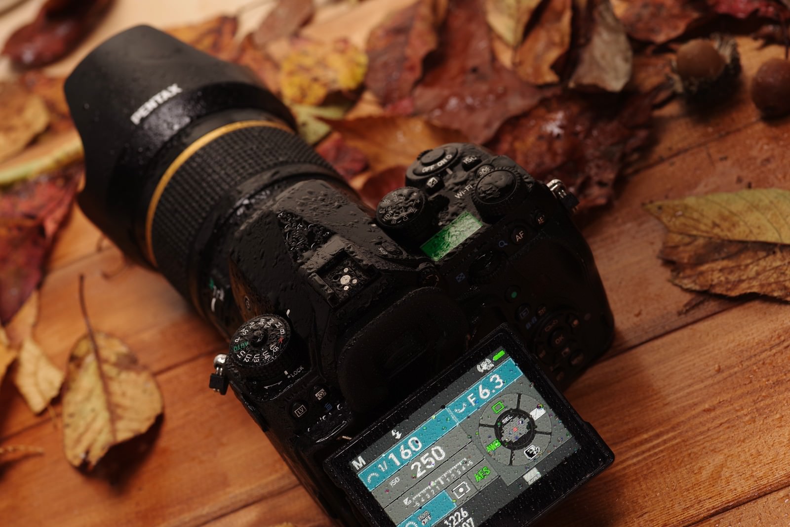 雨に濡れた落葉の中に置かれたPENTAX K-1 MarkⅡの液晶モニター