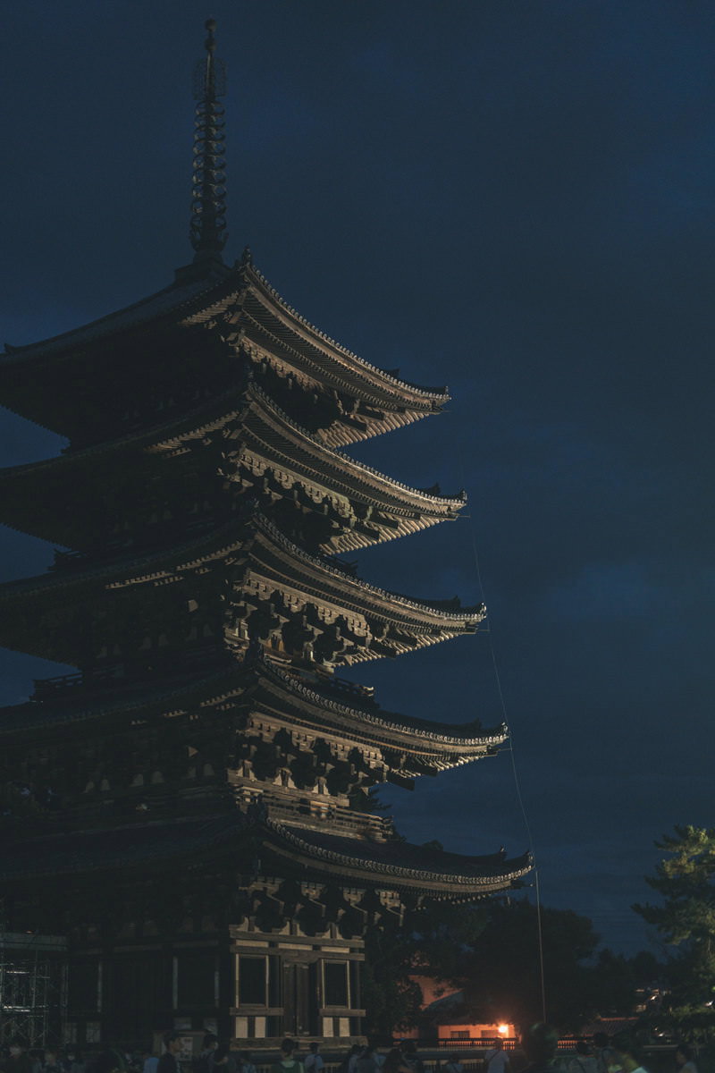 夜空に浮かび上がる興福寺の五重塔のライトアップされた姿