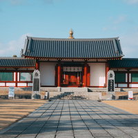 薬師寺境内に敷き詰められた石畳と伽藍建築の写真