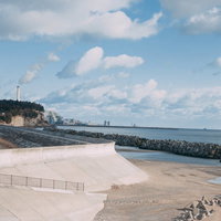 広野町防災緑地から望む防波堤と消波ブロックのある海岸風景の写真