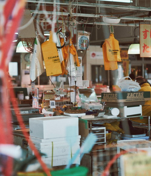 いわき・ら・ら・ミュウの魚介類市場で並ぶ鮮魚と営業案内