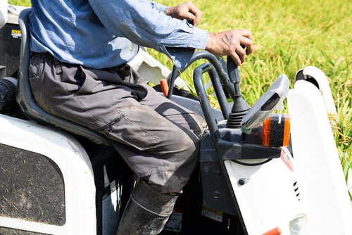 秋の稲田でコンバインを操作する農家の収穫風景