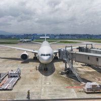 福岡空港に駐機した旅客機とジェット機、搭乗橋に接続された大型航空機の写真