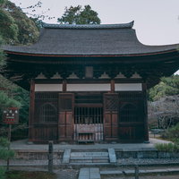 酬恩庵境内の石段上に建つ木造の社の写真