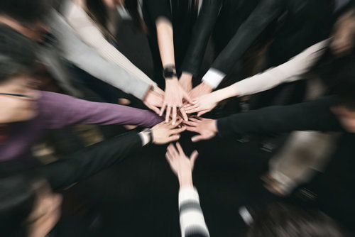 かるたの最後の一枚を前にチームで手を重ねて団結