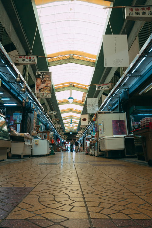 天井ガラス張りのアーケード商店街の買い物風景