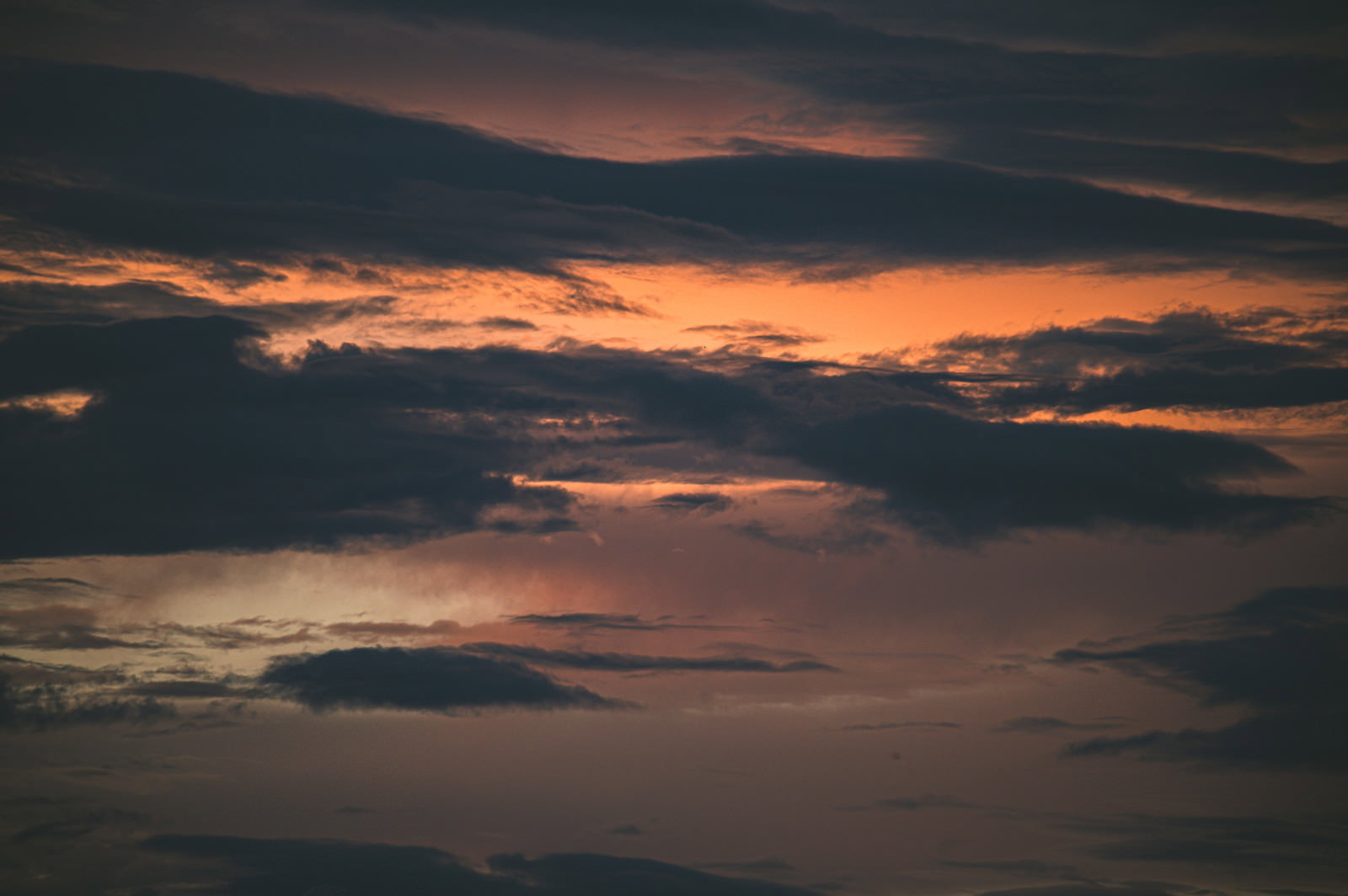 オレンジ色に染まった夕焼け空に黒い雲が浮かんでいる風景