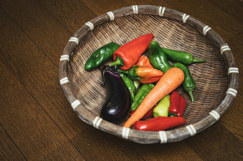 採れたての茄子と人参と唐辛子を竹製の笊に盛った収穫野菜