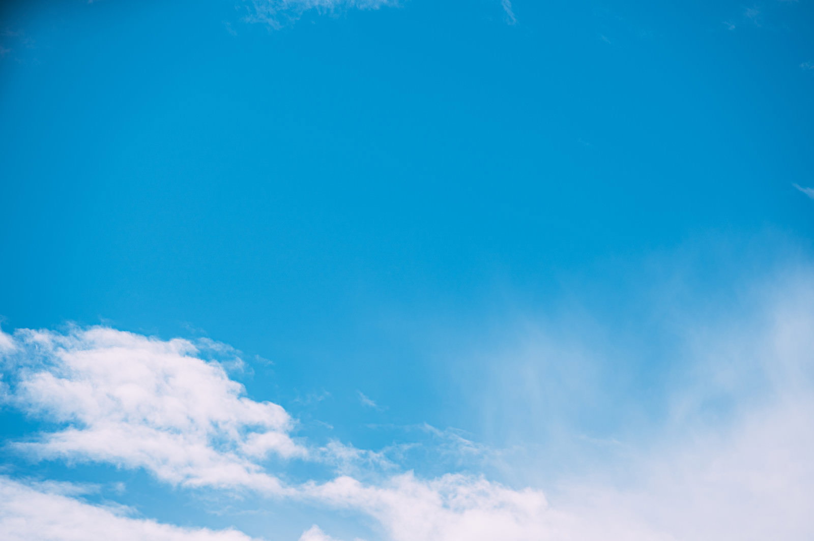鮮やかな青空に白くふんわりとした雲が浮かんでいる様子