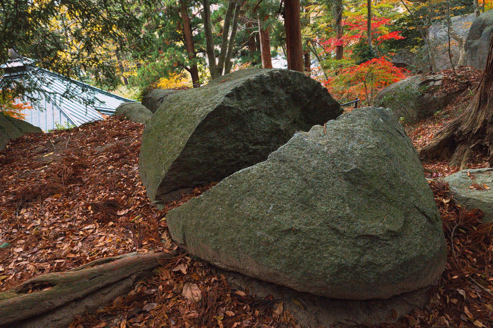 秋の岩角寺の割れた巨石。奥に空洞があり、背景に紅葉が見える。
