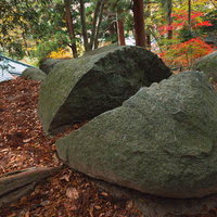 秋の岩角寺の割れた巨石と紅葉、苔むした奇石と落ち葉の写真