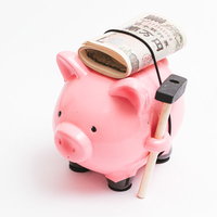 一万円札を背負ったピンク色の豚の貯金箱、札束積み重ねの写真