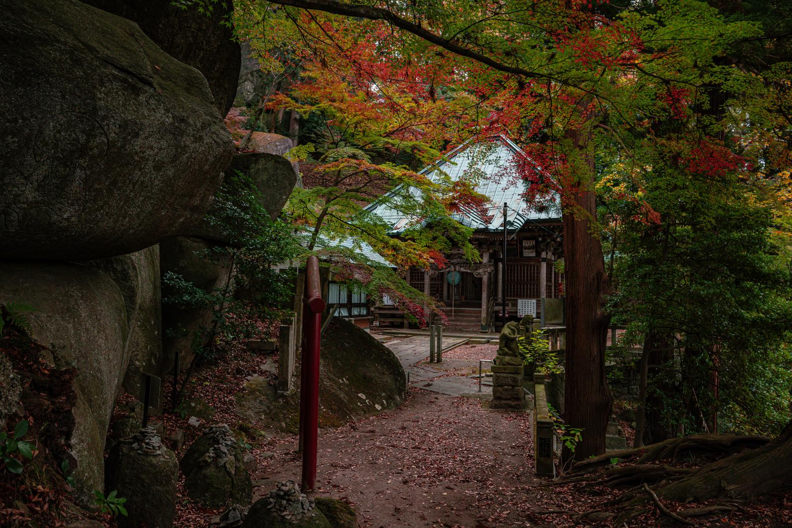 秋の紅葉に囲まれた岩角寺参道。両脇のモミジが赤く色付き、奥にお堂が見える