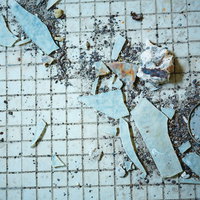 古びたタイルとガラス片が散乱する廃墟の床の写真