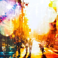 下町の商店街を照らす逆光のフォトモンタージュの写真