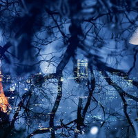 東京タワーと半月の夜景を組み合わせたフォトモンタージュの写真