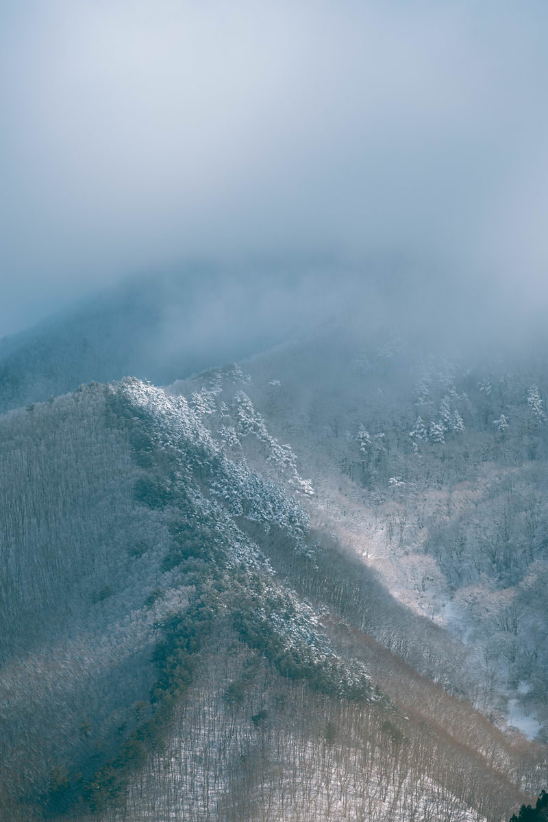 雪と霧につつまれた郡山市の冬山