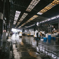 築地市場の水産物部仲卸売場前での朝の作業風景の写真