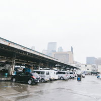 築地市場の駐車場に停められた車列と老朽化した上屋の写真