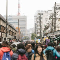 人で溢れる築地場外市場の秋の昼間の賑わいと混雑風景の写真