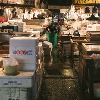 築地市場の仲卸で水産物を扱う魚屋の作業風景の写真