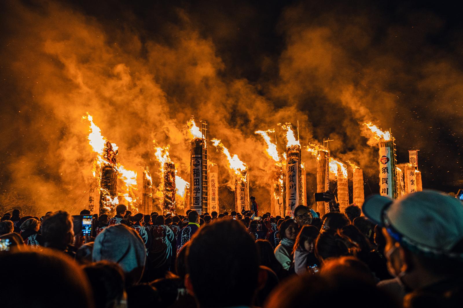 Massive torches ablaze at the torchlight festival in Sukagawa City