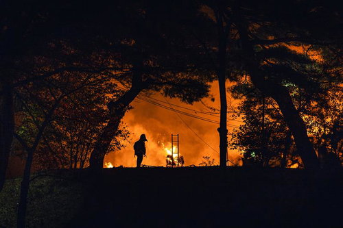 大松明の炎が生み出す人物シルエットと煙の夜景