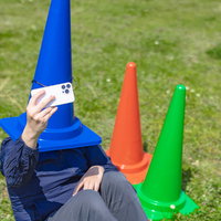 脱退したメンバーを模したカラーコーンと自撮りするリーダー（ブルー）の写真