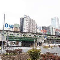 五反田駅前の高架駅舎と山手線、都市風景、昼間の繁華街の写真