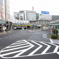 五反田駅前東口の歩道橋と駅周辺ビル群の昼間風景の写真