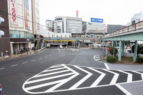 五反田駅前東口の歩道橋と駅周辺ビル群の昼間風景