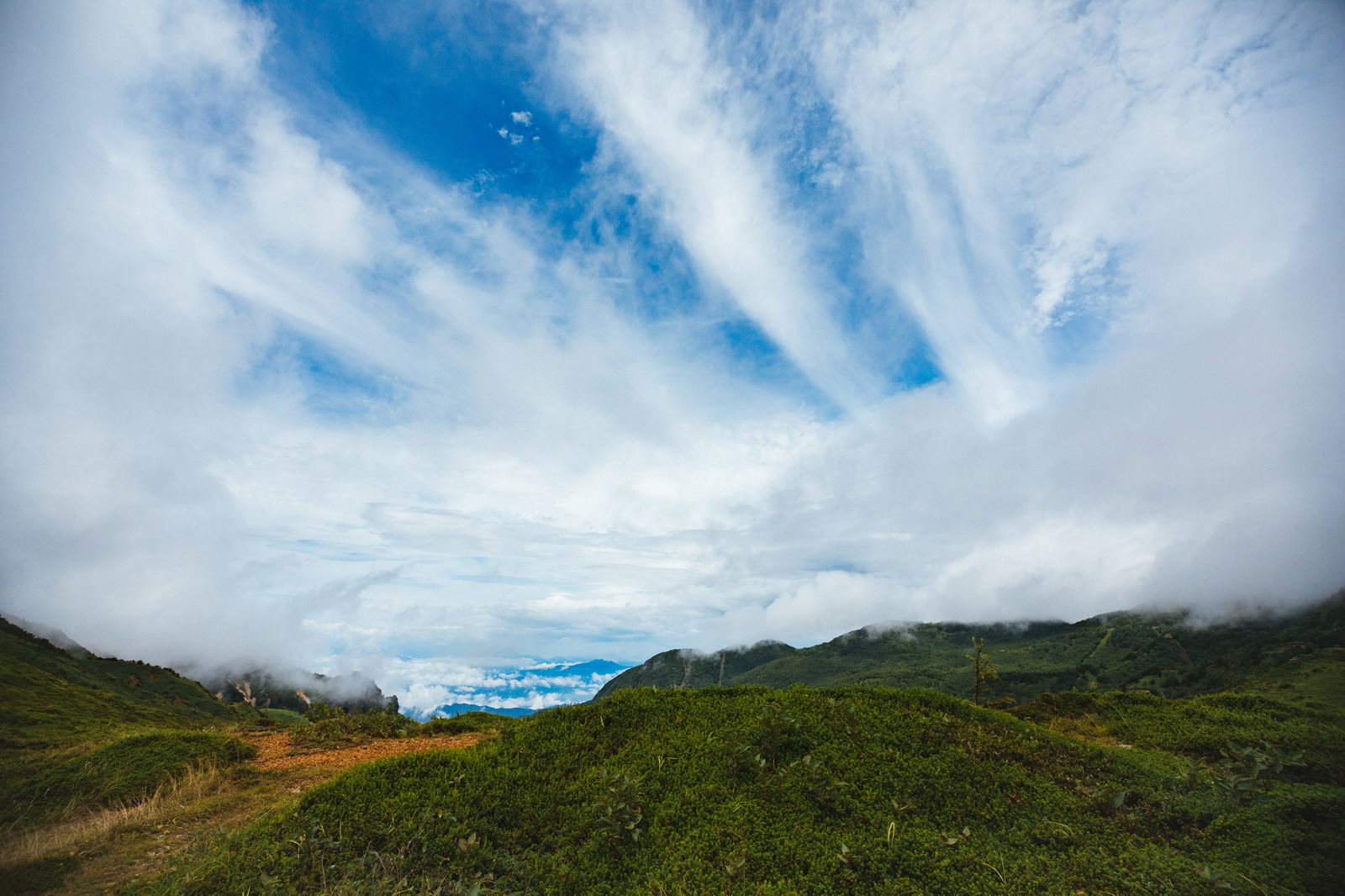 雨上がりの毛無峠から見た青空と緑の山々の風景