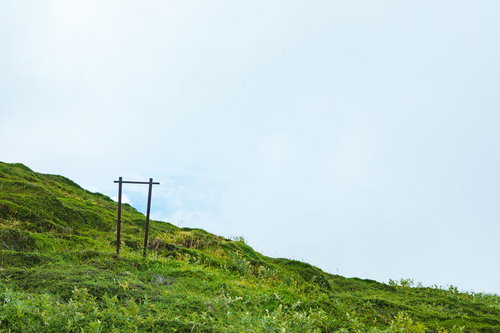 毛無峠の草原斜面に残された古い柵と電柱の風景